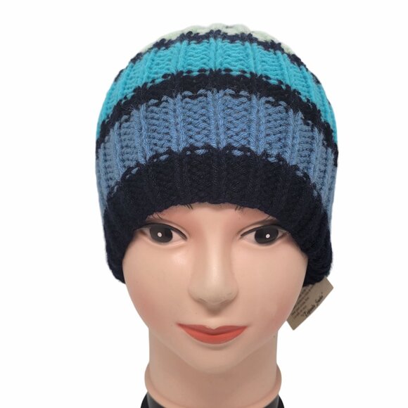 ⭐Oz Chunky Handmade Knit Hat Pom Pom Adult unisex Beanie hats stripped Blue Cozy - Picture 3 of 7
